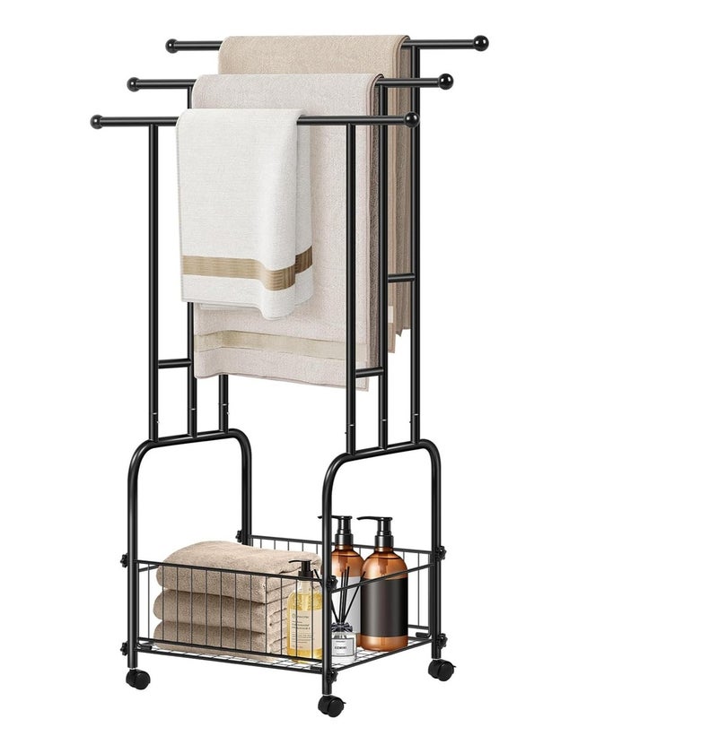 والالا حامل مناشف قائم بذاته للحمام، حامل معدني متين بثلاثة رفوف باللون الأسود مع عجلات وسلة، رف لتجفيف المناشف، رف متعدد الاستخدامات للبطانيات للاستخدام داخل وخارج الحمام. - Image 1